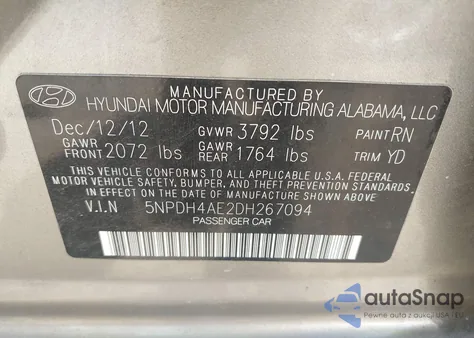 2013 Hyundai Elantra Limited z USA, uszkodzony, nr VIN 5NPDH4AE2DH267094